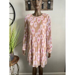 HALOGEN Pleated Plisse Long Sleeve Beige & Pink Dress Size S
